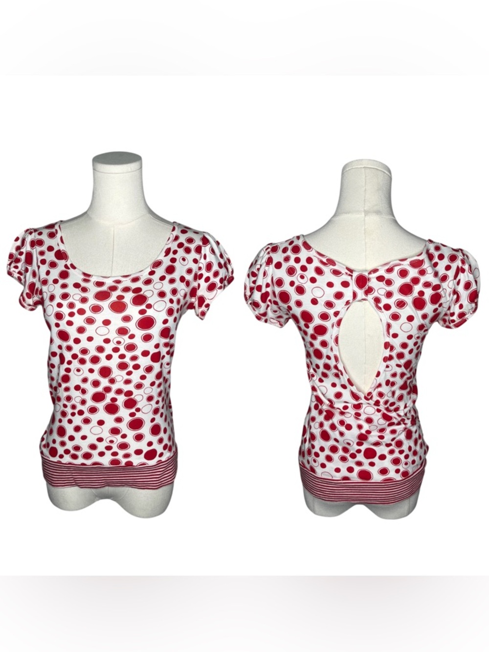 Y2K Vintage Vixen Red Polka Dot Keyhole Back Puff Sleeve Top Twee Preppy
